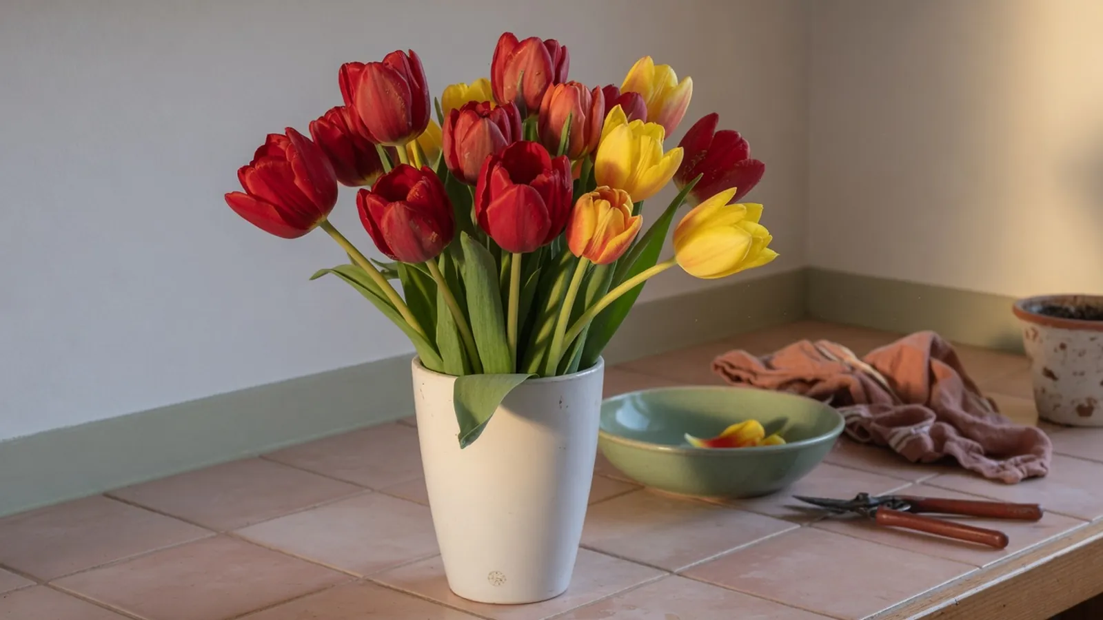 A simple white ceramic vase holding a tight bouquet of red and yellow tulips on a clean kitchen counter.