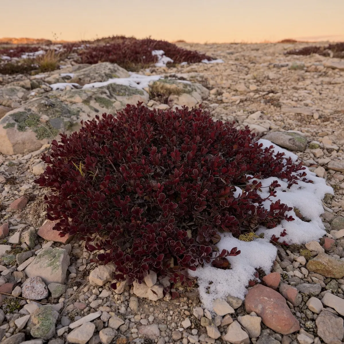 Low-growing dark red tundra shrubs with small leaves nestled against pale rocky soil and sparse snow patches.