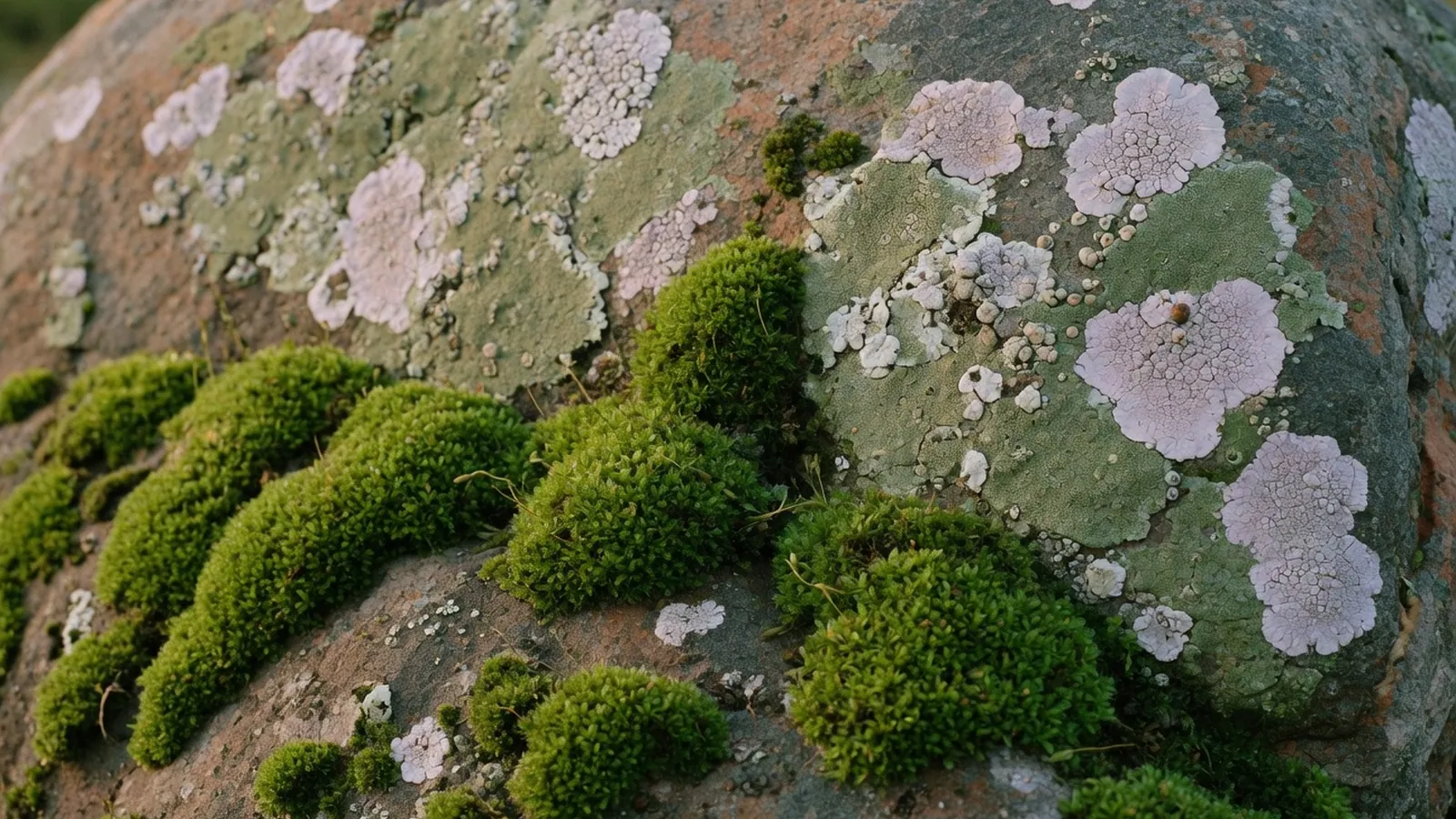 Vibrant green arctic moss and pale crustose lichen spreading across a weathered grey rock.