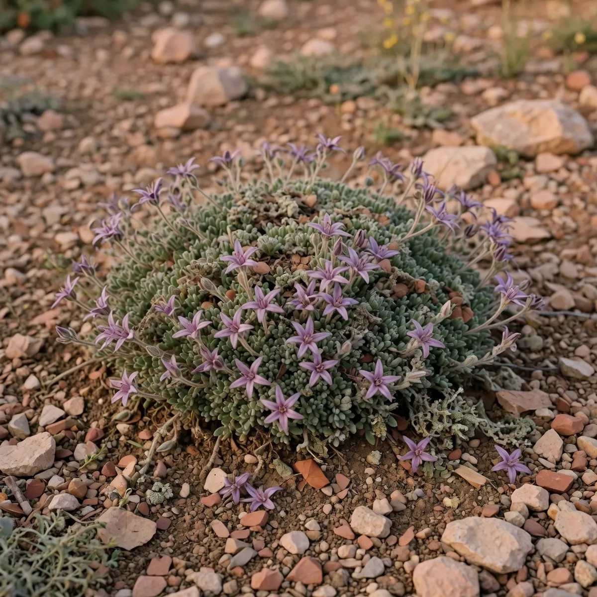 A low-growing cushion plant with purplish star-shaped flowers and finely hairy stems nestled in rocky soil.