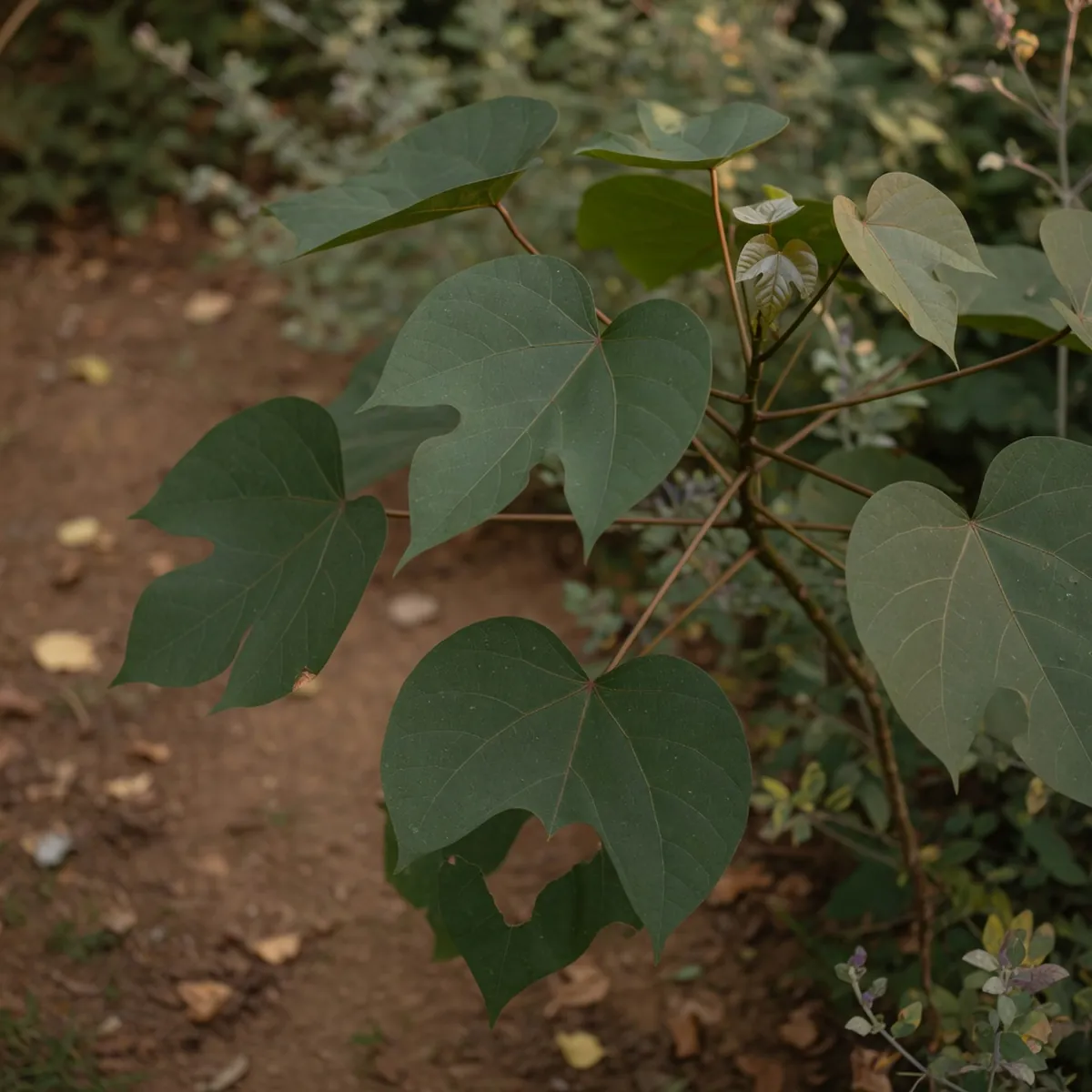 Close-up of the characteristic heart-shaped dark green leaves and reddish-green petioles of a tung oil tree.