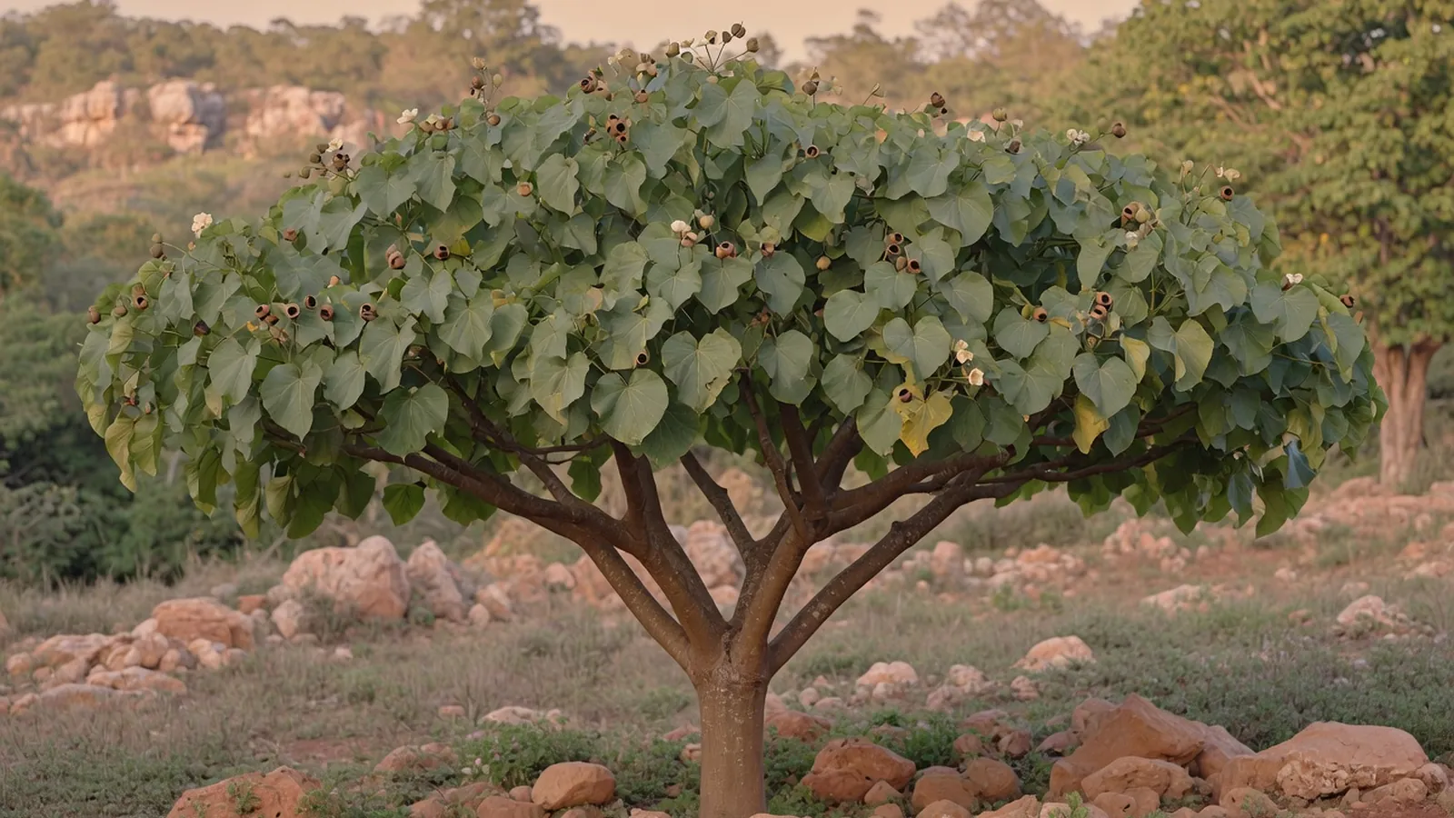 A mature tung oil tree displaying its spreading crown and smooth bark in a natural setting.