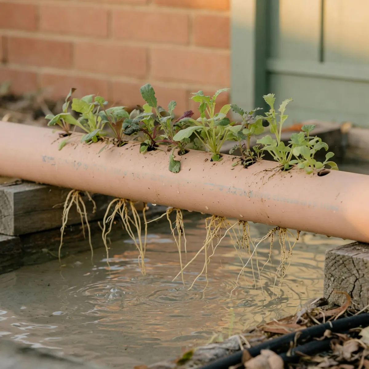 A horizontal PVC pipe with leafy seedlings growing from the top and roots dangling into flowing water.