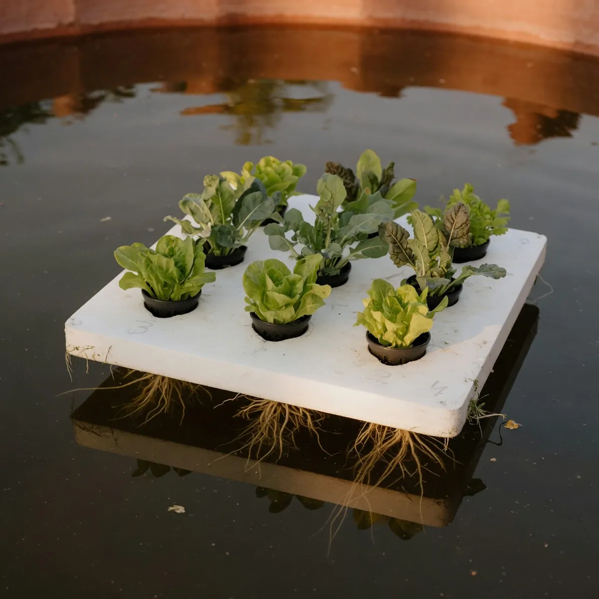 A white polystyrene floating raft with net pots holding leafy green plants and thick white roots submerged in dark water.