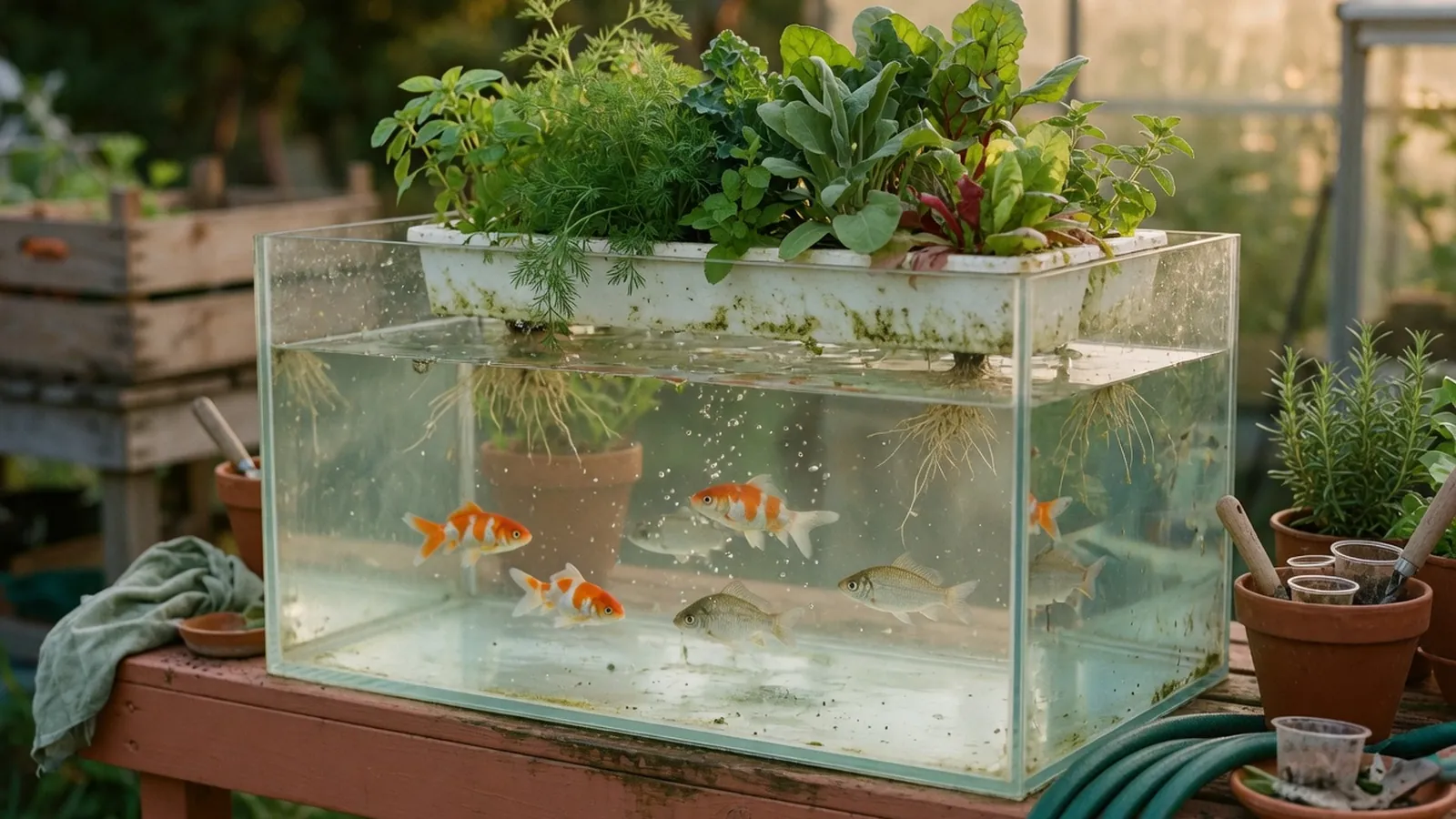 A clear glass tank containing healthy fish swimming alongside a floating hydroponic tray with lush green herbs and vegetables growing above the waterline.