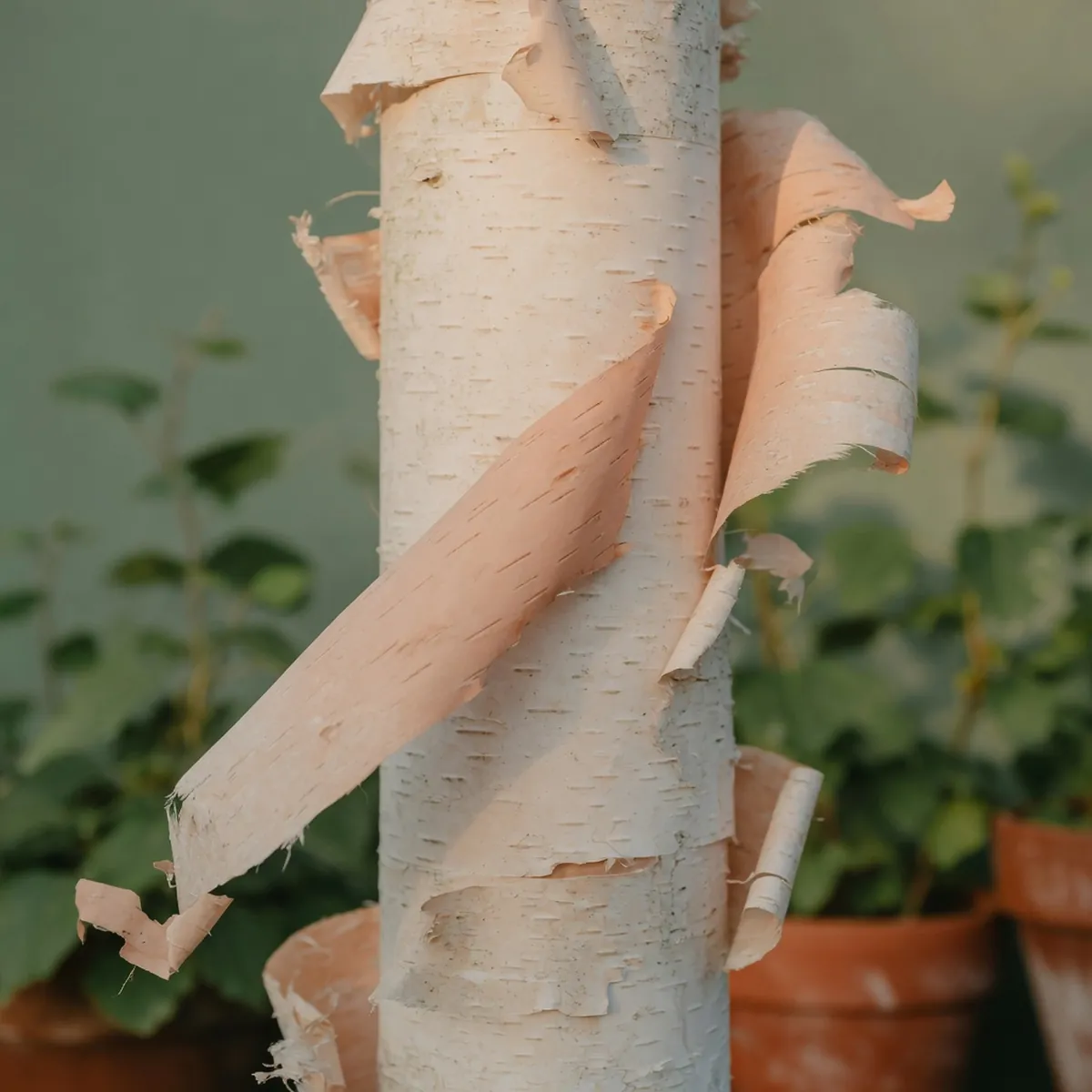 A close-up of smooth white birch bark peeling away in thin, papery layers against a soft green background.