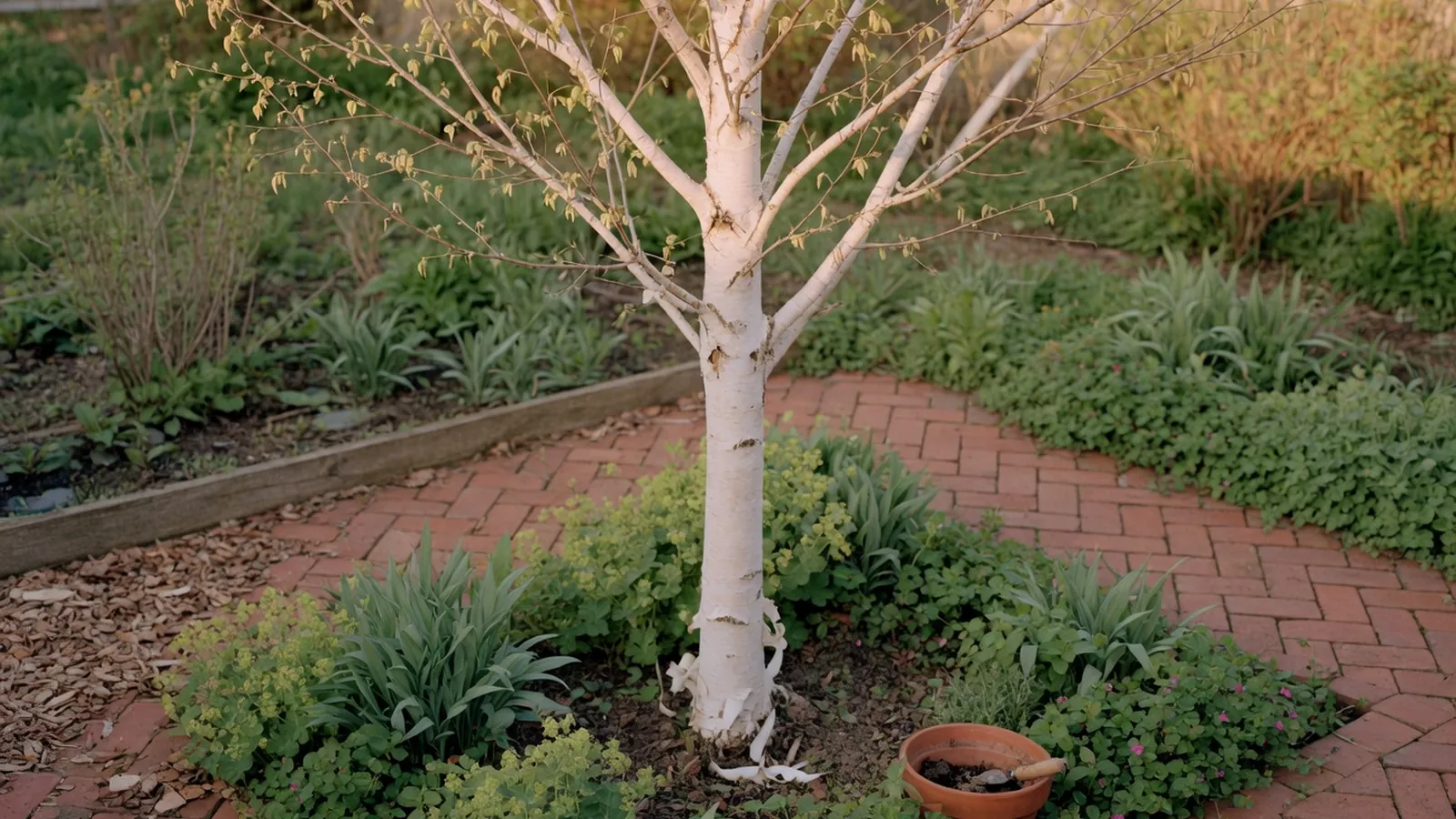 A tall birch tree with smooth white bark standing in a sunlit garden clearing.