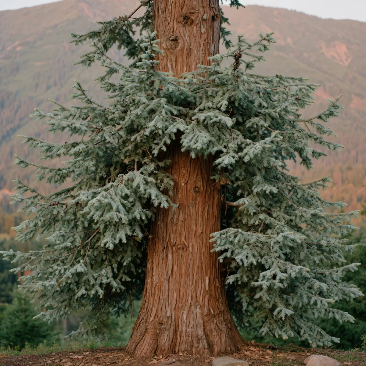 A close-up view of a cedar tree showing its reddish-brown bark and silvery-blue needle leaves.
