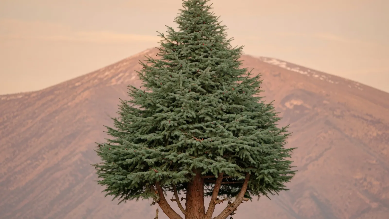 A majestic cedar tree with dense evergreen foliage and a conical shape standing in a mountainous landscape.