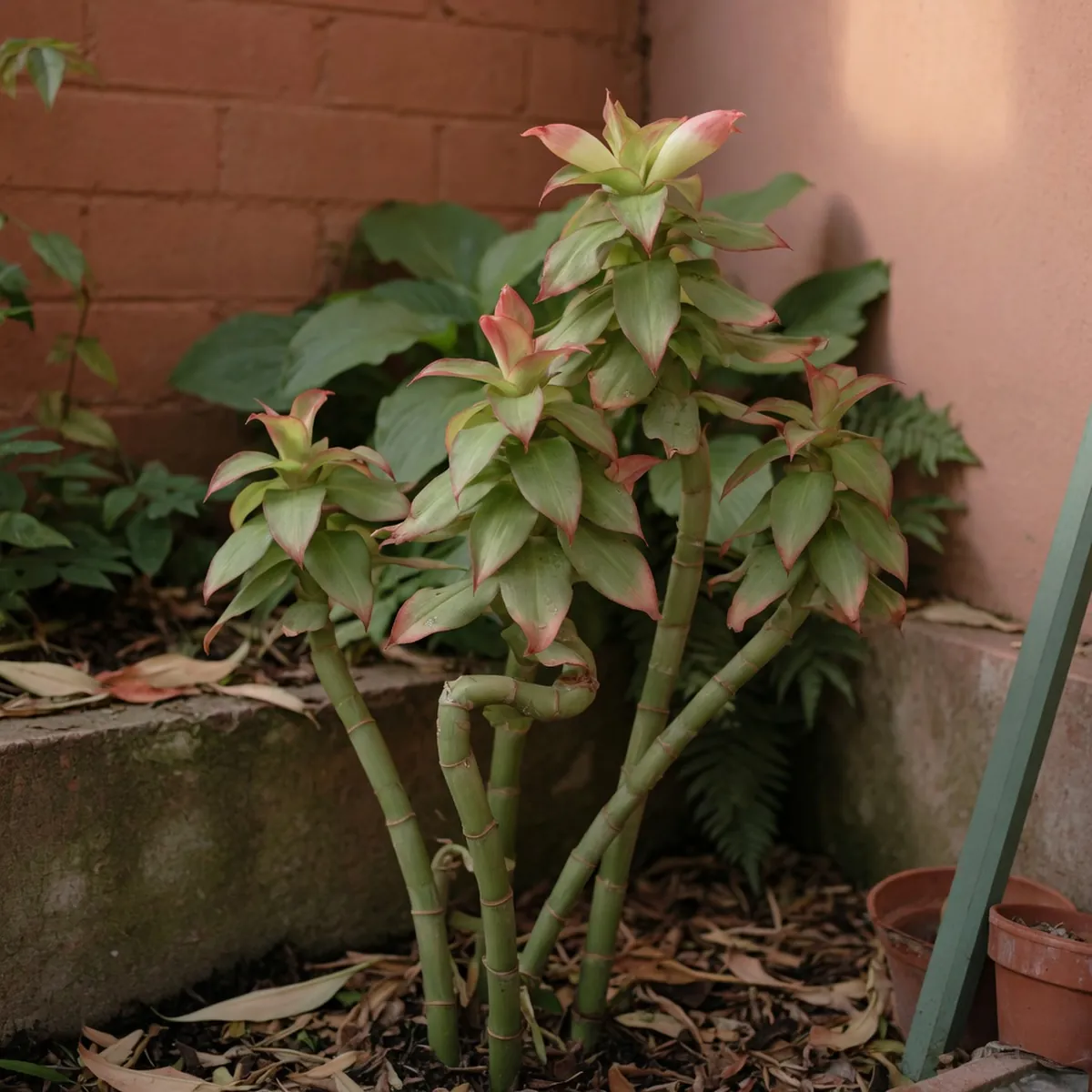 Spiral ginger plant displaying bamboo-shaped stalks and overlapping green bracts with a reddish tinge.