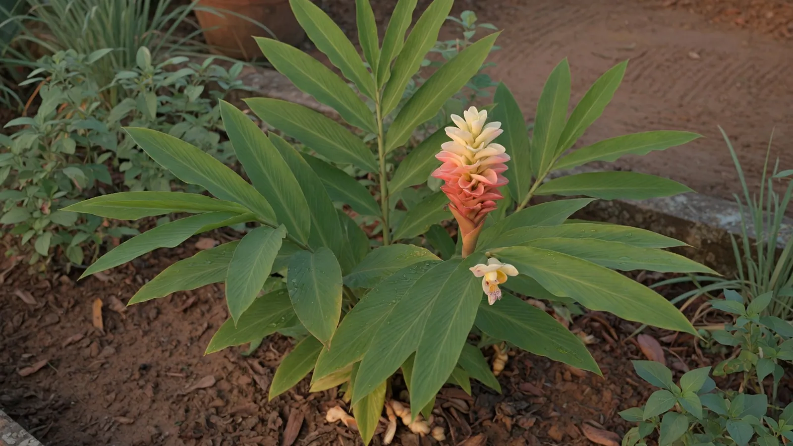 A mature ginger plant with broad green leaves and a single distinctive flower in a quiet garden bed.