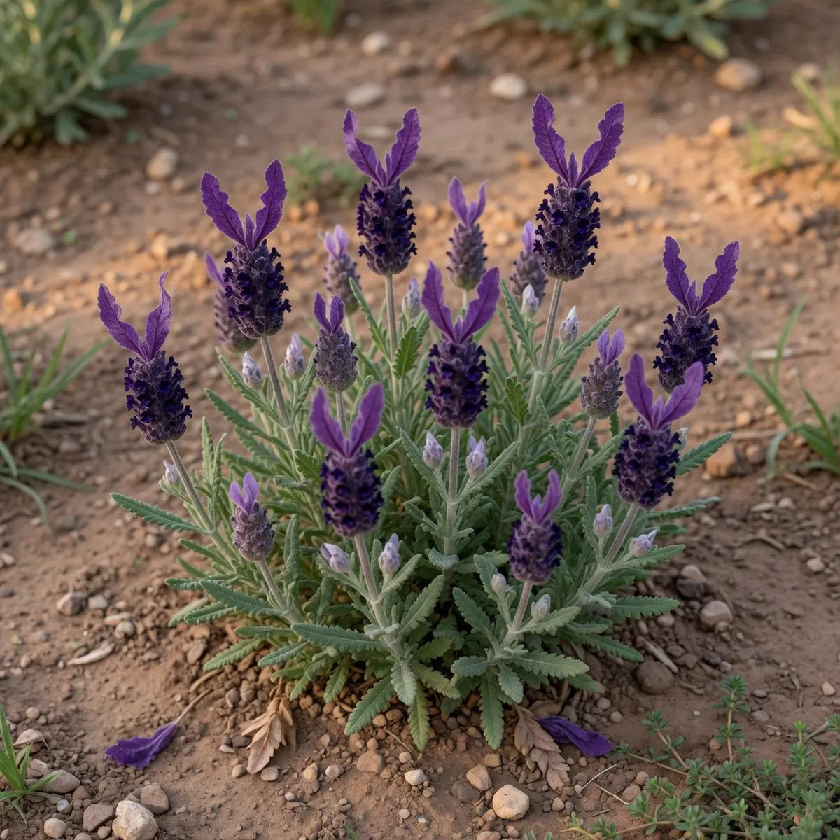 A close-up of French lavender showing its distinctive dark purple rabbit-ear bracts atop pine cone-shaped flower spikes.