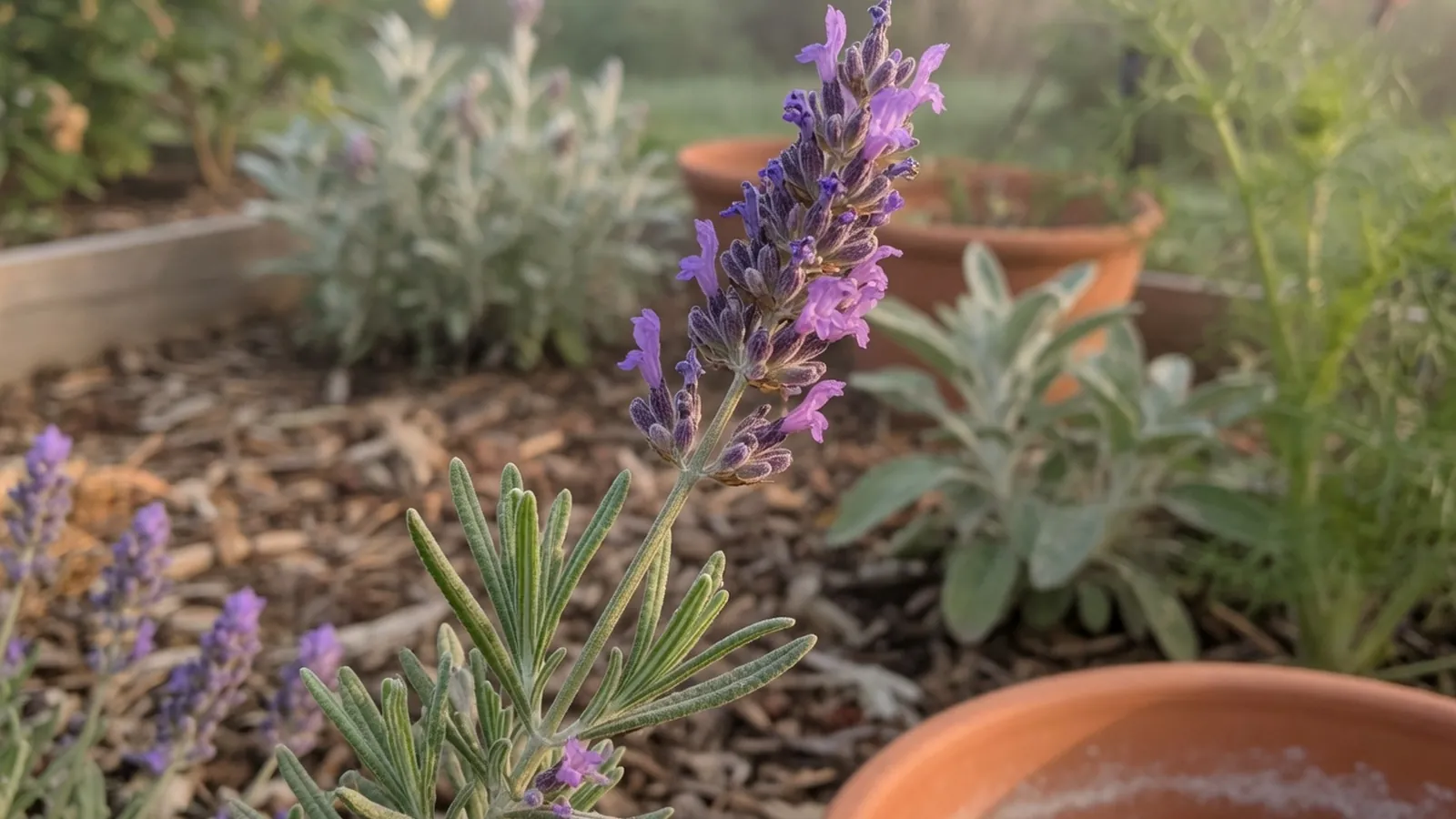 A single stem of English lavender with narrow gray-green leaves and a dense spike of purple flowers.