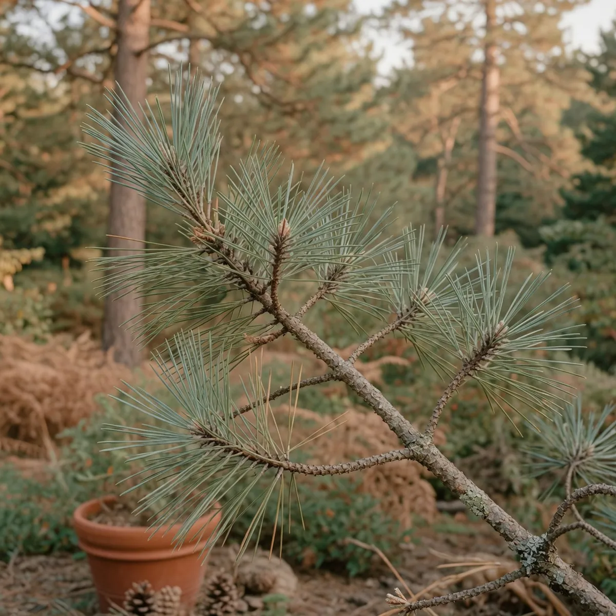 Close-up of soft blue-green pine needles growing in bundles of five on a mature branch.