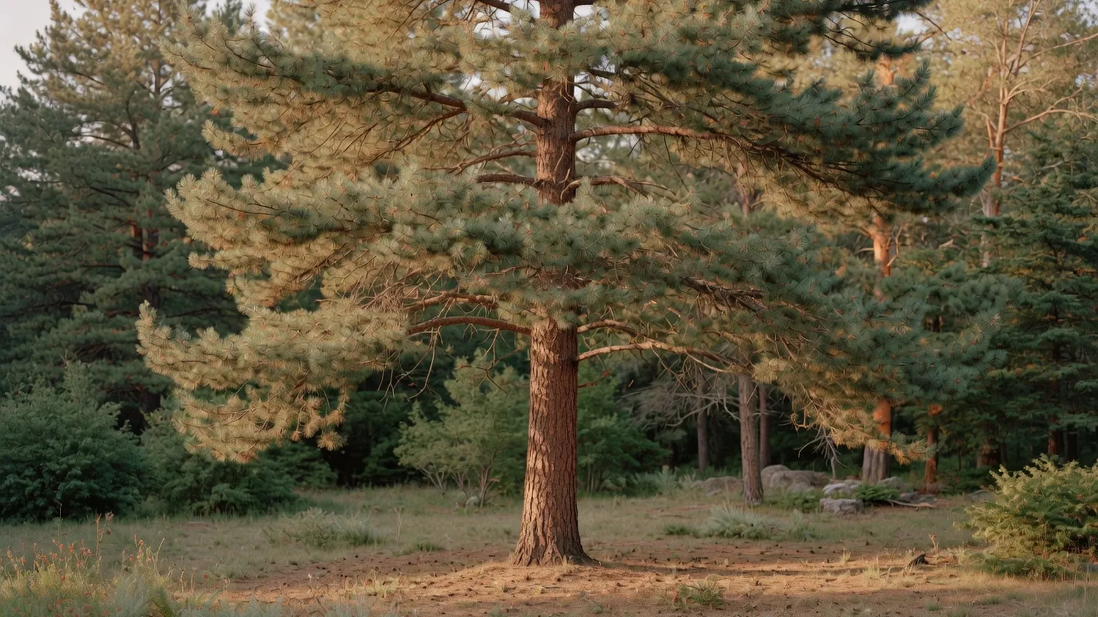 A tall, mature pine tree standing prominently in a sunlit woodland clearing.