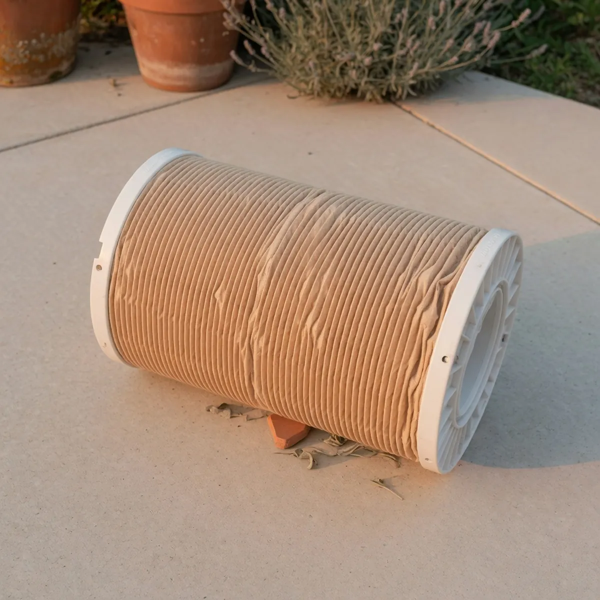 A cylindrical pleated cartridge filter element resting on a patio surface.