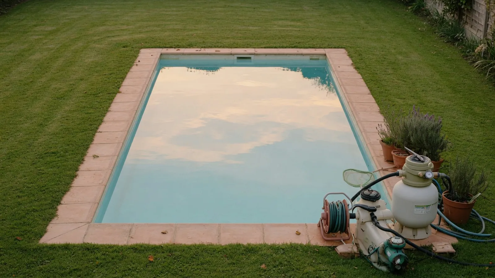 A clear swimming pool with a poolside filter unit on a sunny day.