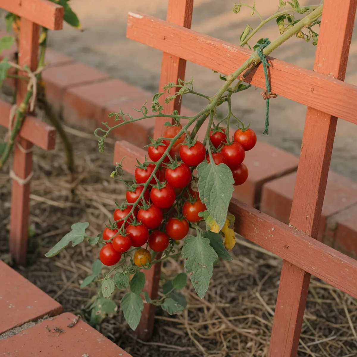 A cluster of small red cherry tomatoes hanging from a green vine on a garden trellis.