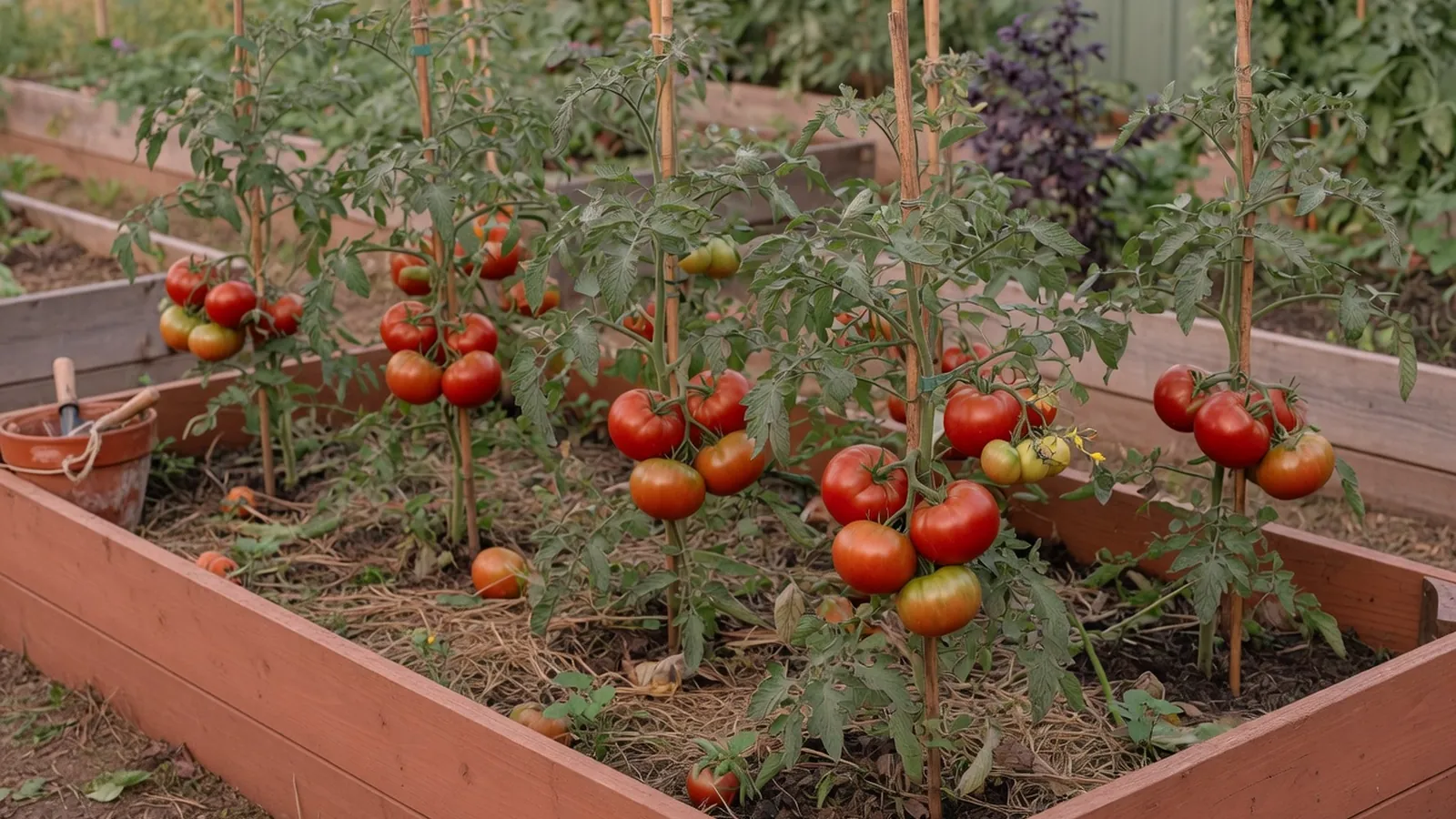 A row of healthy tomato plants growing in a garden bed with ripening red fruit.