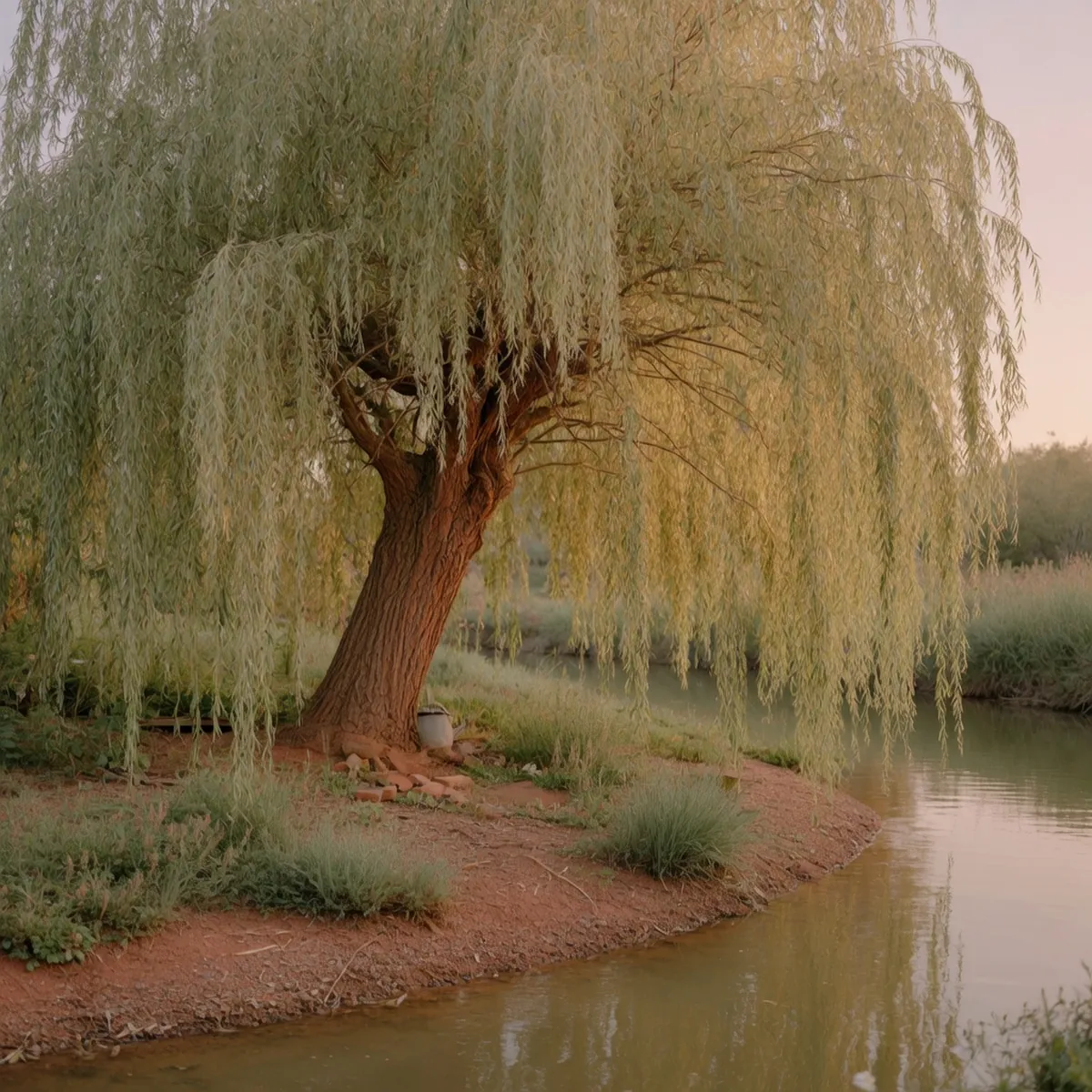 A weeping willow tree with long, drooping branches standing beside a calm riverbank.