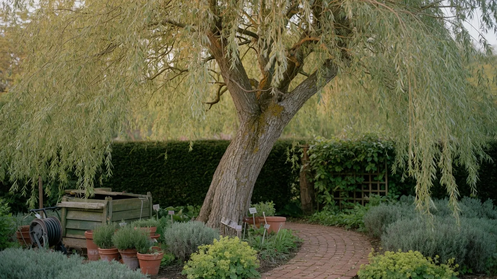 A mature willow tree with graceful, sweeping branches in a lush garden setting.