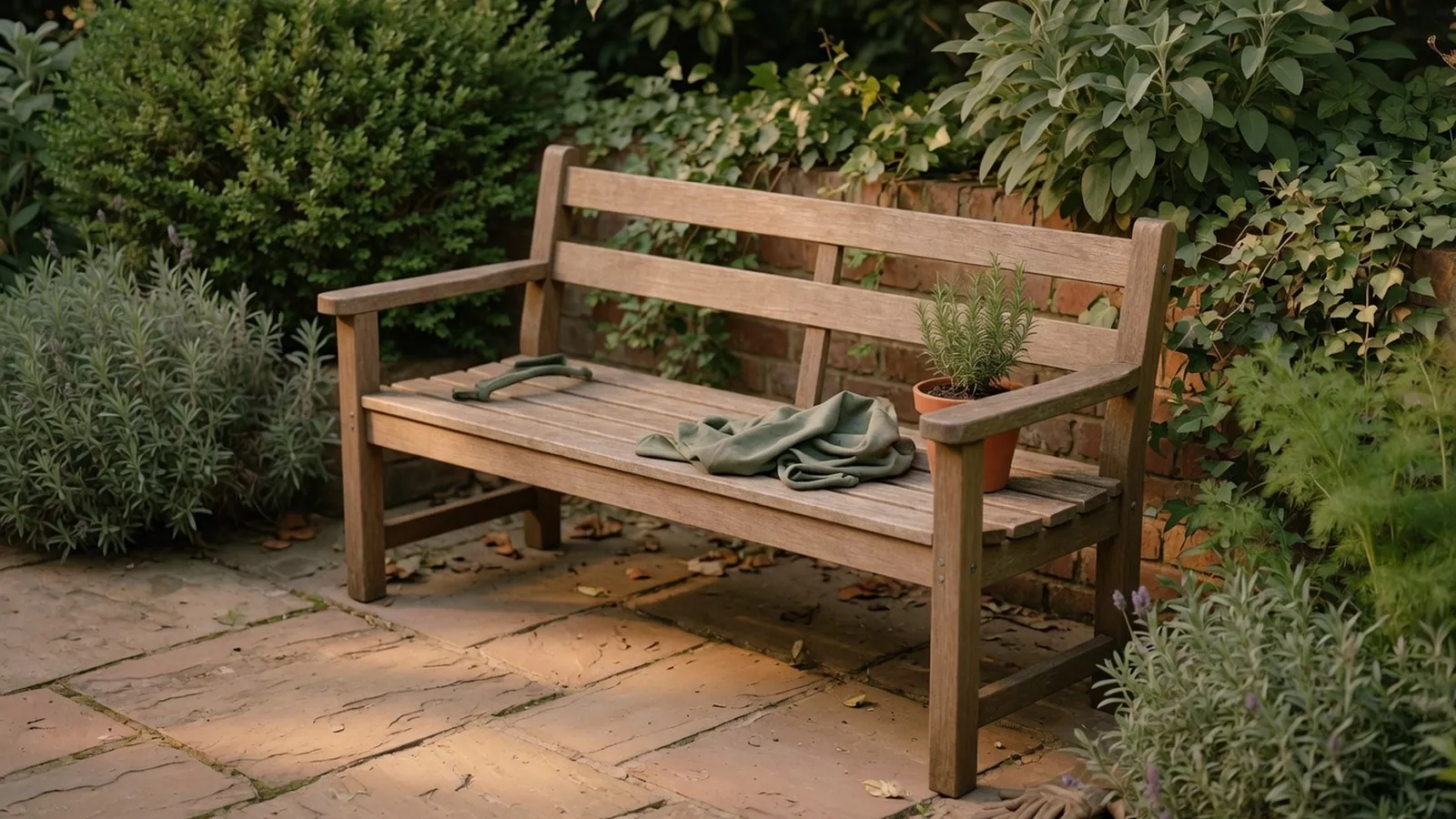 A classic wooden garden bench placed on a quiet patio surrounded by lush greenery.