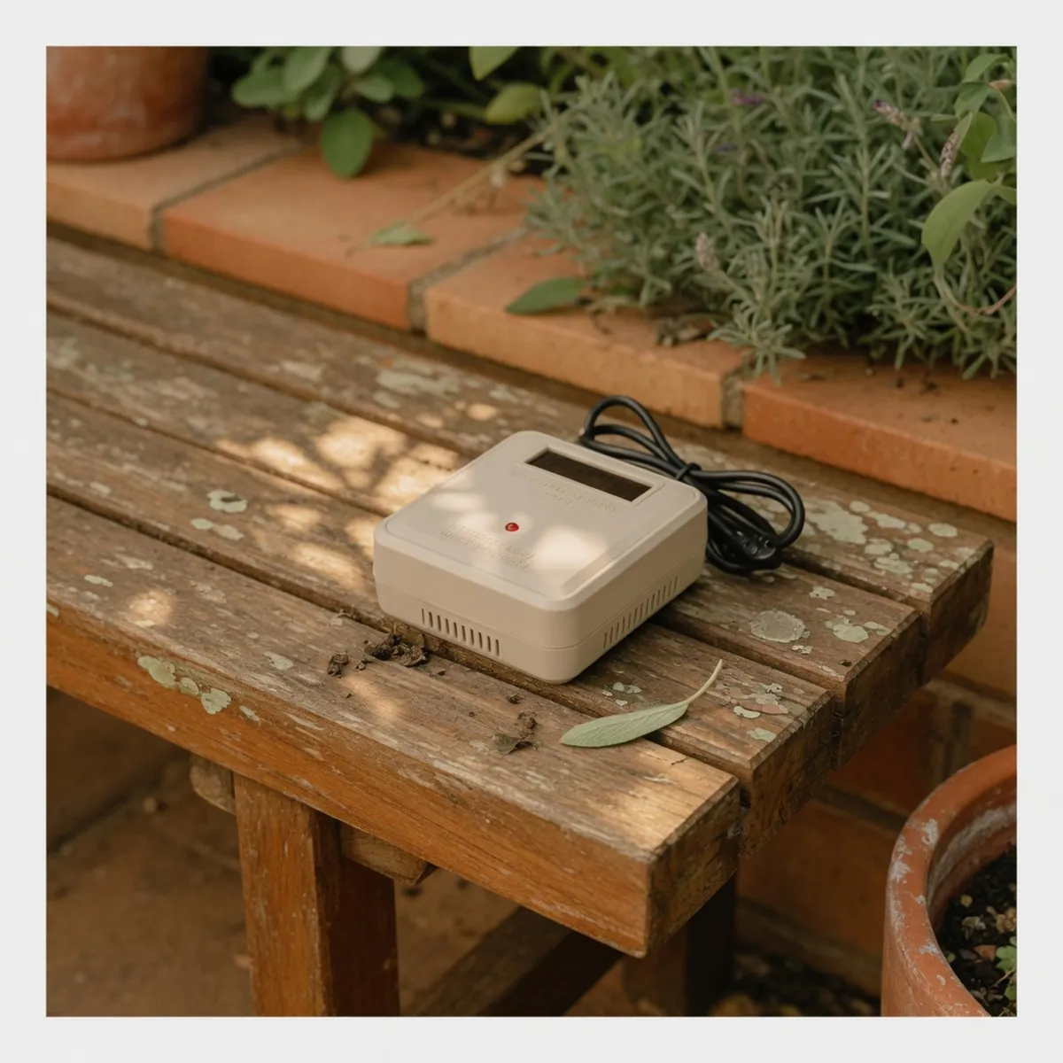 A beige rectangular pest repeller device resting on a wooden garden bench.