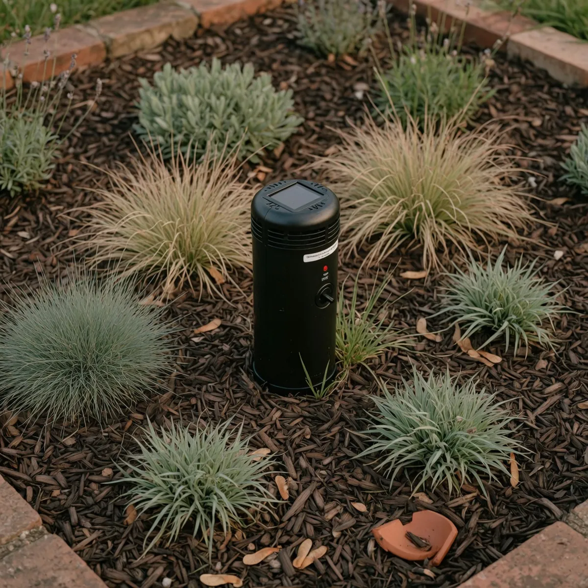 A black cylindrical ultrasonic animal repeller standing upright in a mulched garden bed.