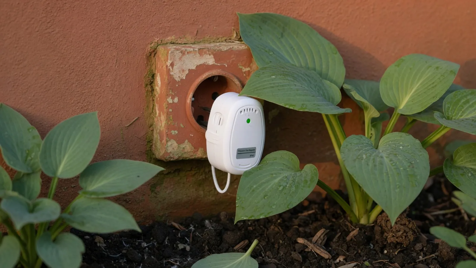 A compact white ultrasonic pest repeller plugged into an outdoor garden wall socket surrounded by hosta leaves.