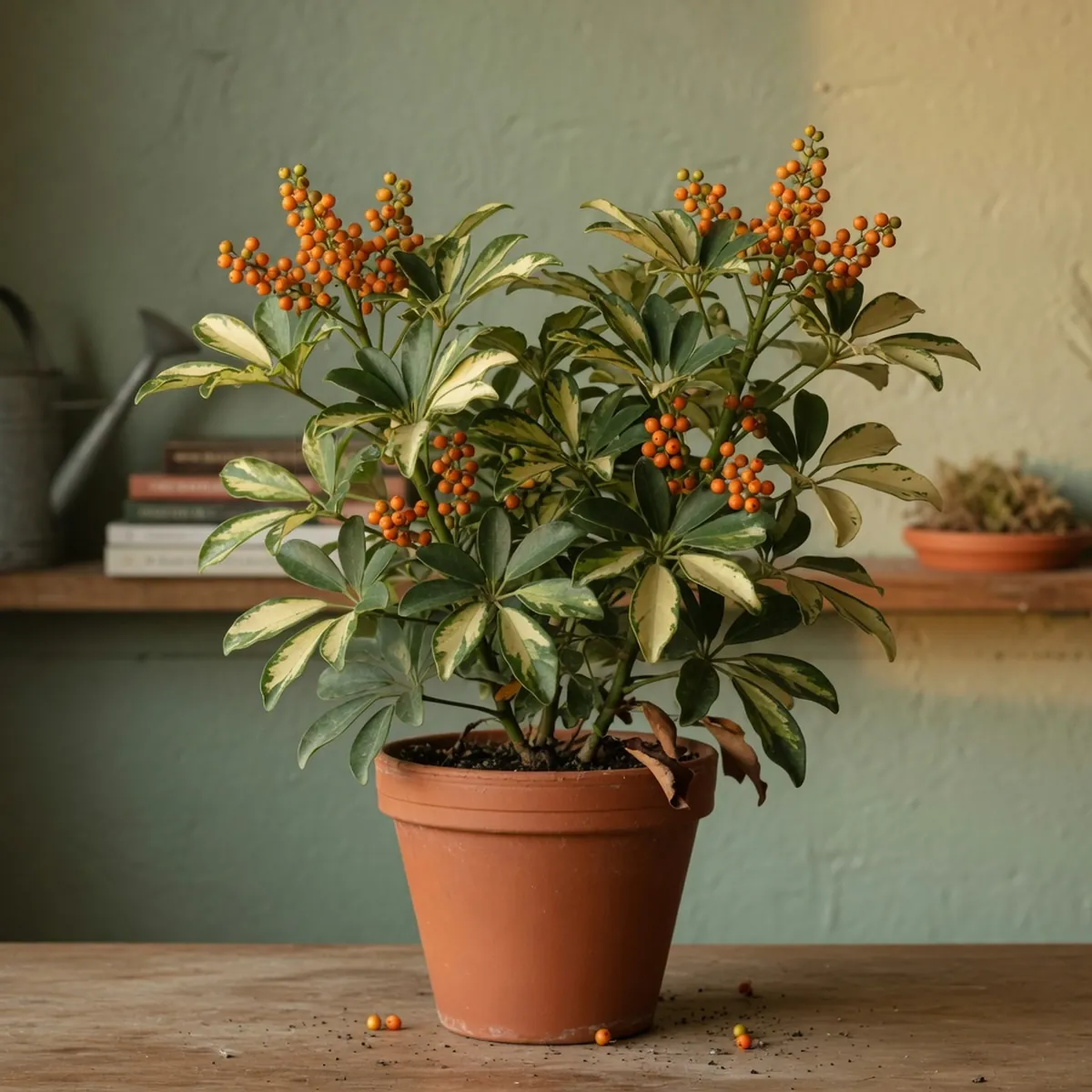 A compact Schefflera shrub displays variegated green leaves alongside clusters of small bright orange berries.