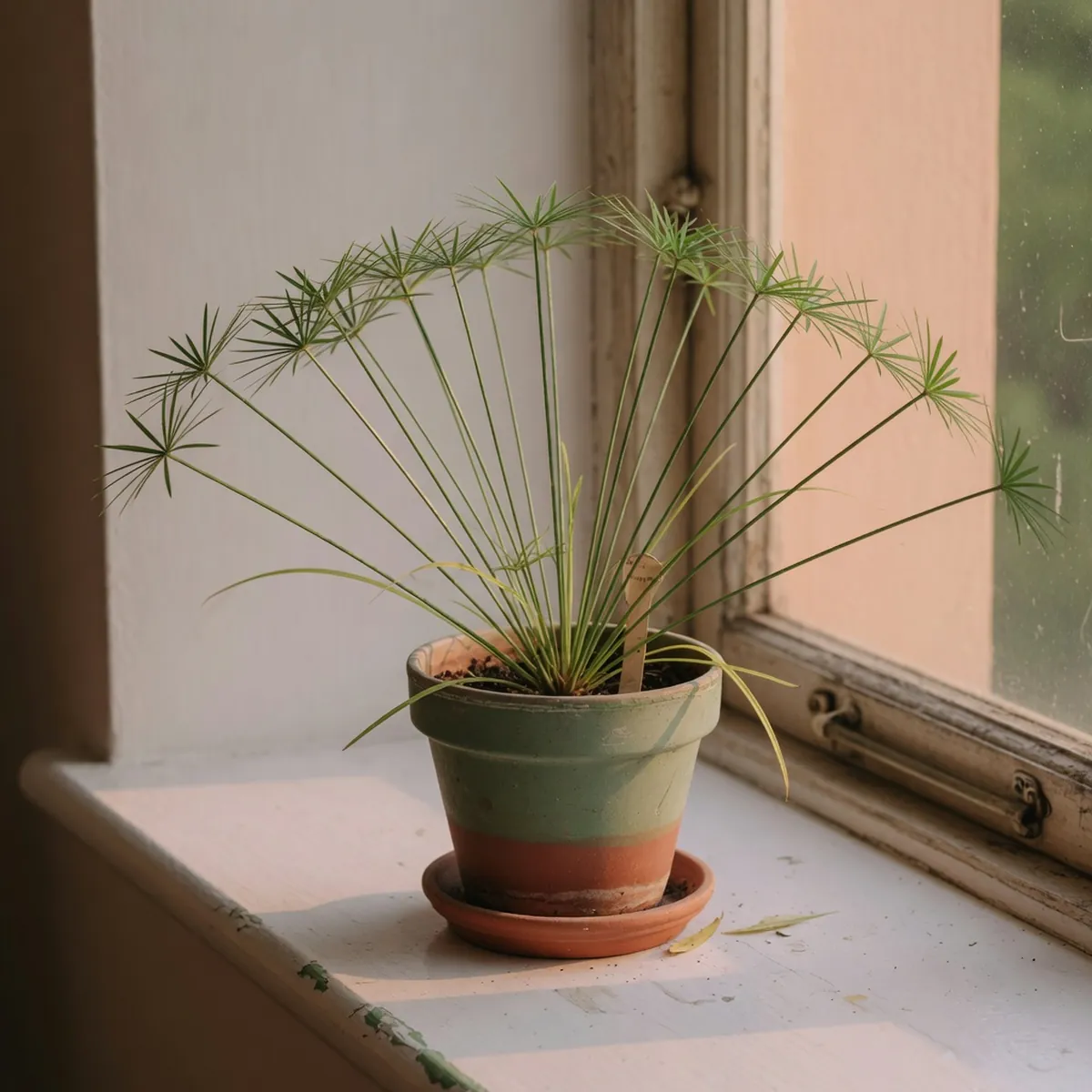 A grass-like plant with stems radiating outward to form an umbrella shape in a shallow pot.