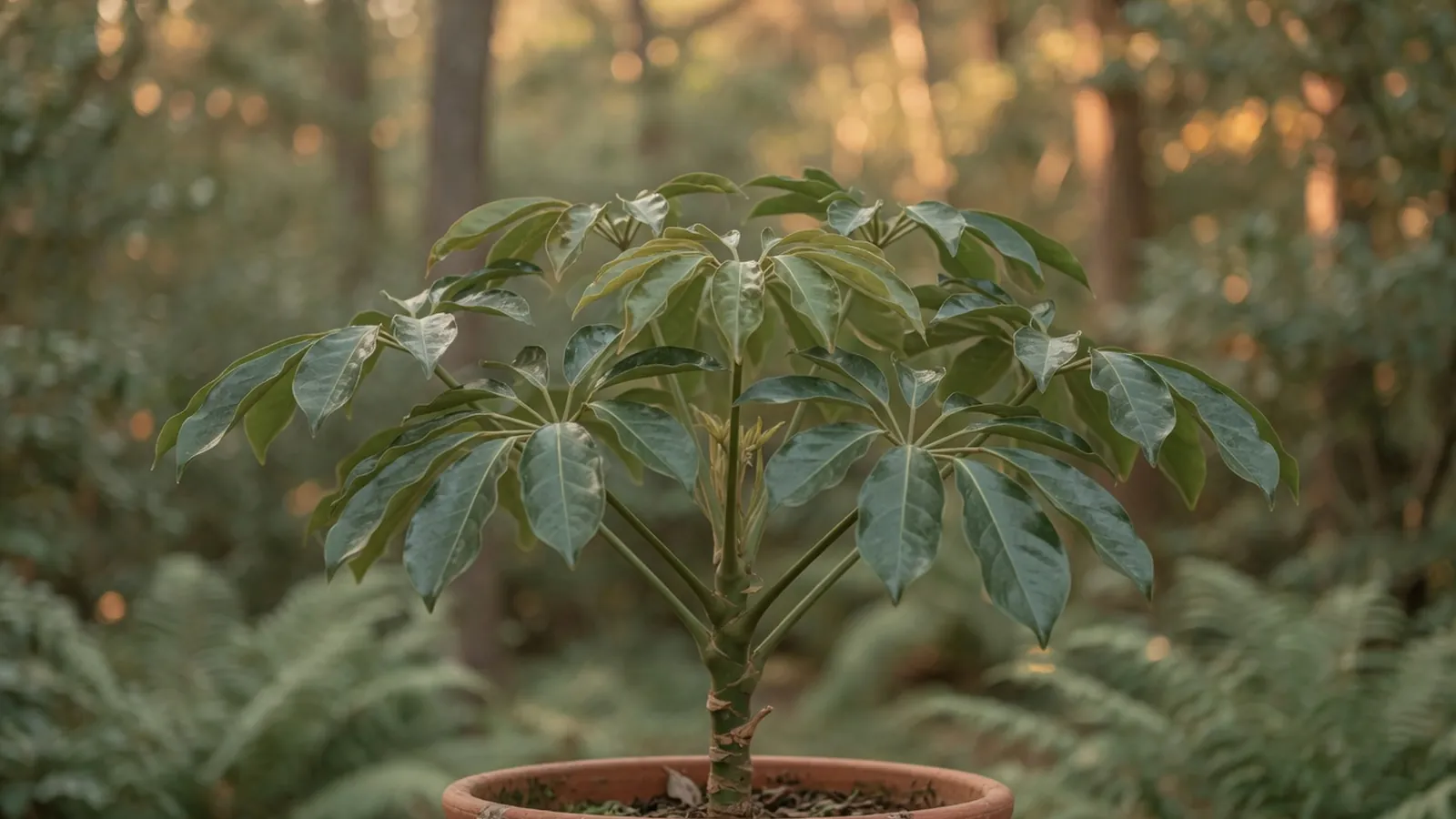 Glossy green compound leaves radiating from a central stem to form a distinct umbrella-shaped canopy.
