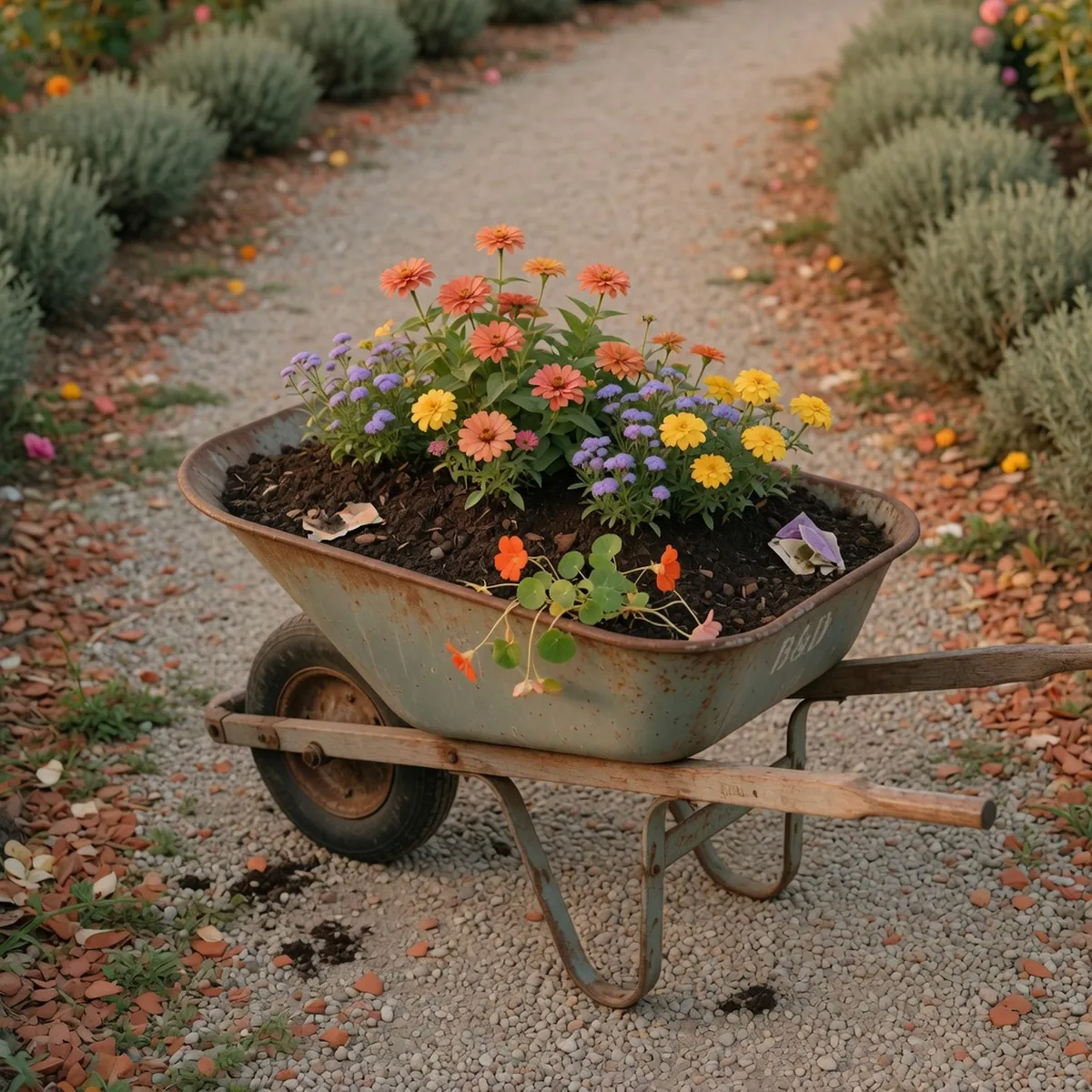 A weathered metal wheelbarrow filled with soil and blooming annuals sitting on a gravel path.