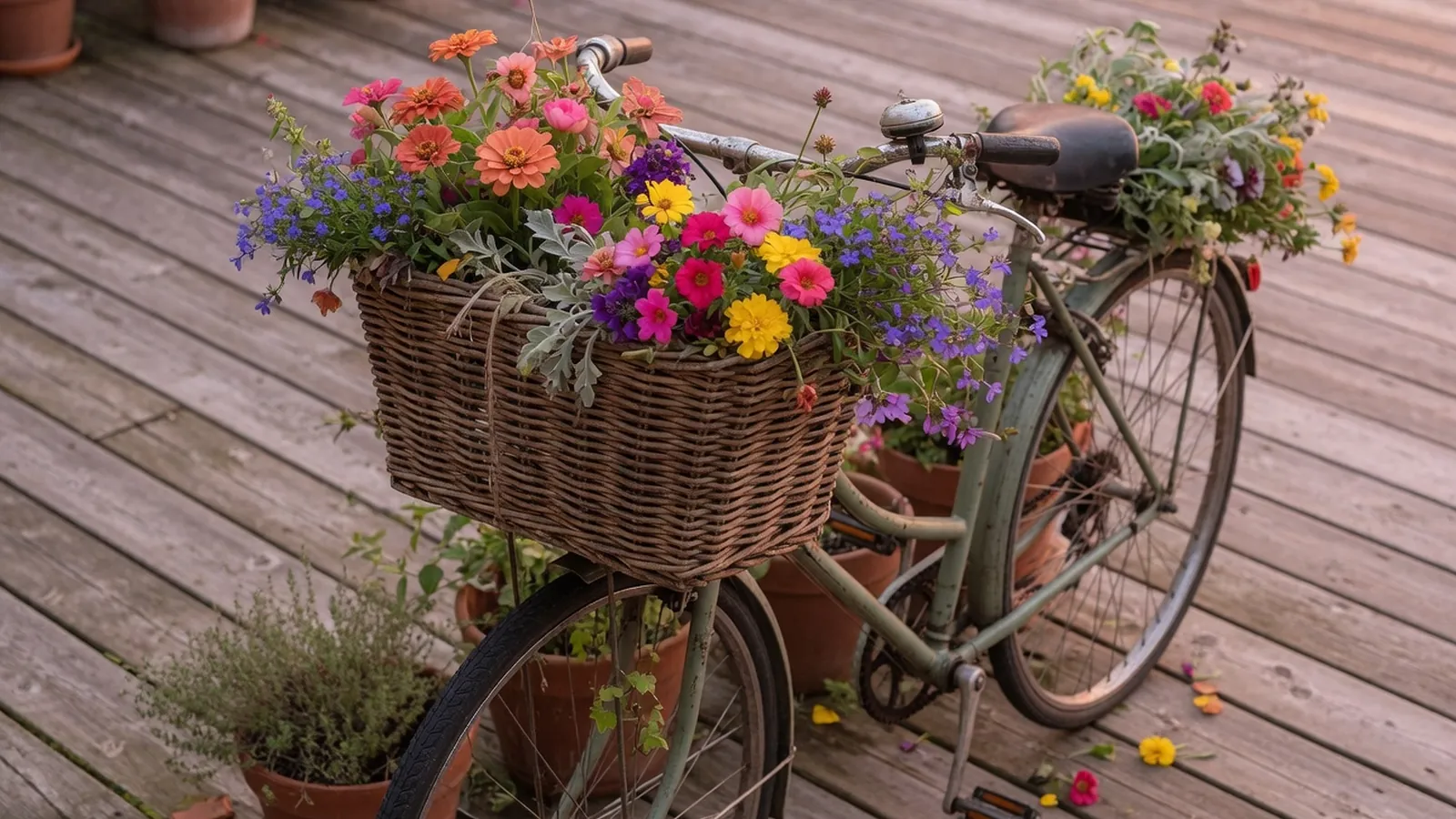A vintage bicycle frame fitted with a large woven basket overflowing with colorful annuals.