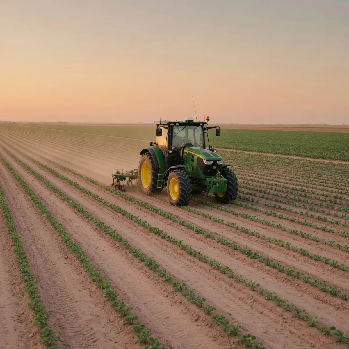 A modern tractor navigating a cultivated field of young crops under a clear sky.