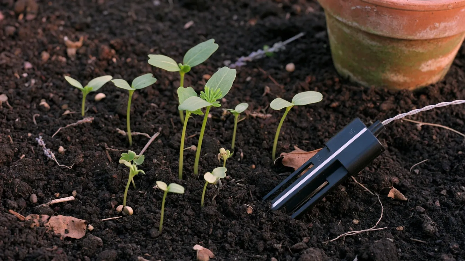 Vibrant green seedlings emerging from rich, dark soil in a cultivated field.