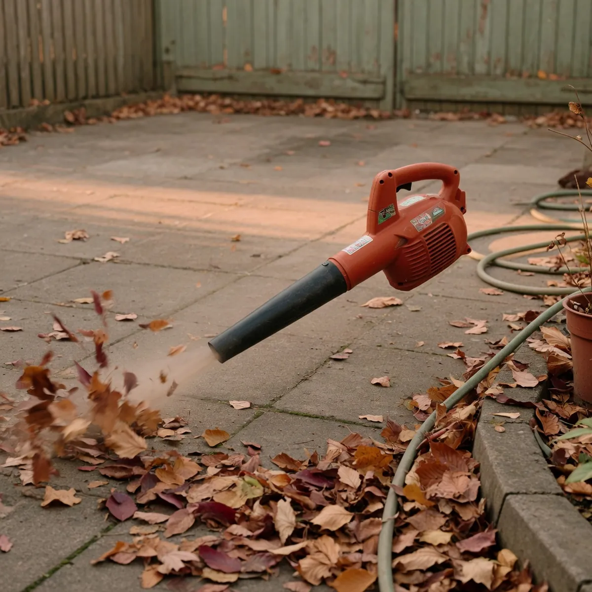 A handheld leaf blower directing a stream of air across a paved driveway scattered with autumn leaves.
