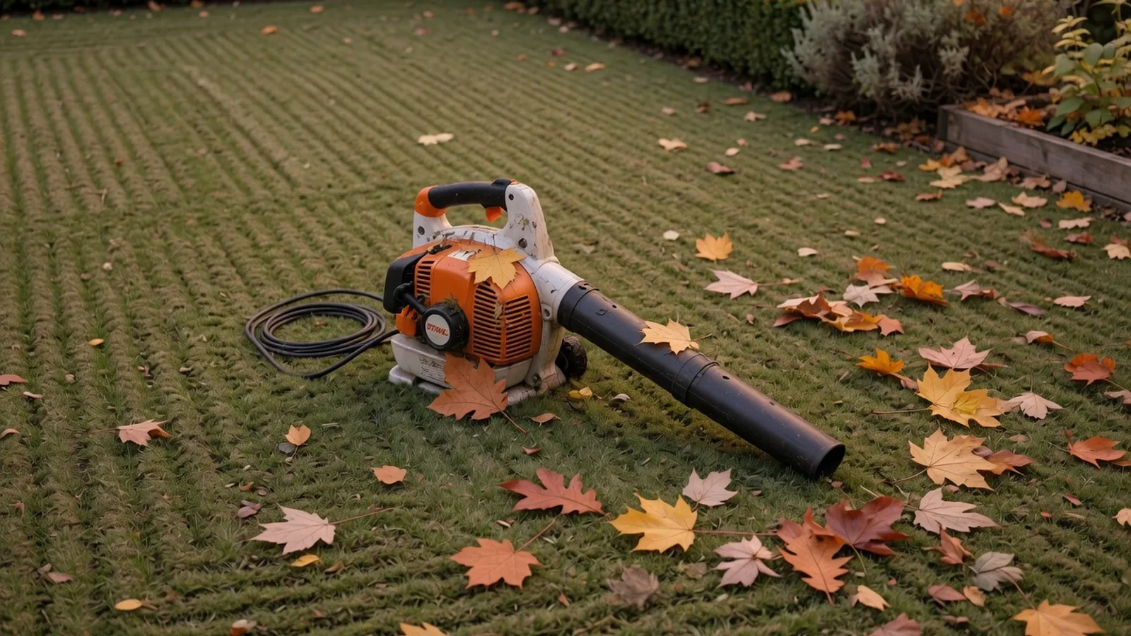 A leaf blower resting on a neatly raked lawn surrounded by scattered autumn foliage.