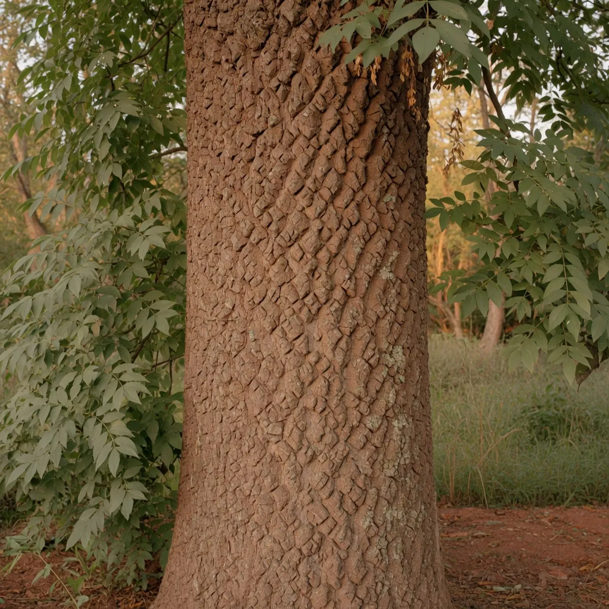 A close-up of a white ash tree trunk showing its diamond-patterned bark.