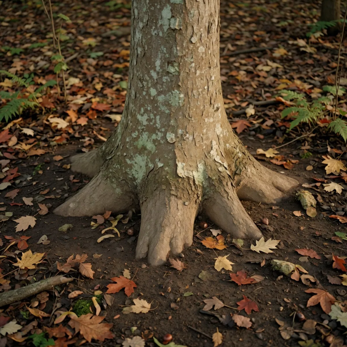 A pumpkin ash tree trunk swelling at the base in a damp forest setting.