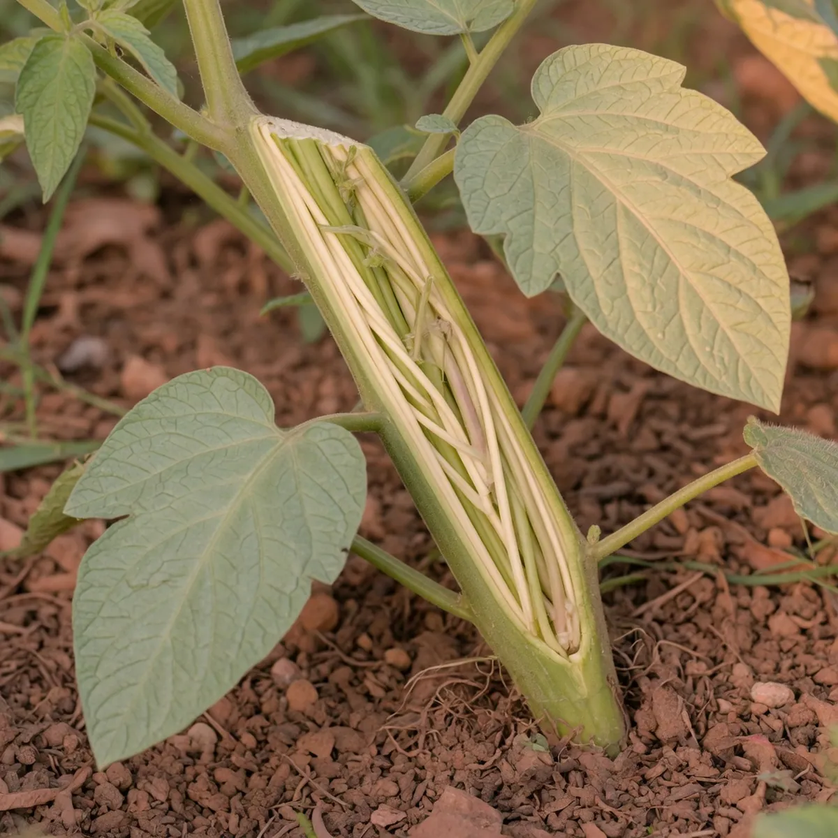 A detailed view of a healthy plant stem and leaves highlighting the internal transport networks.