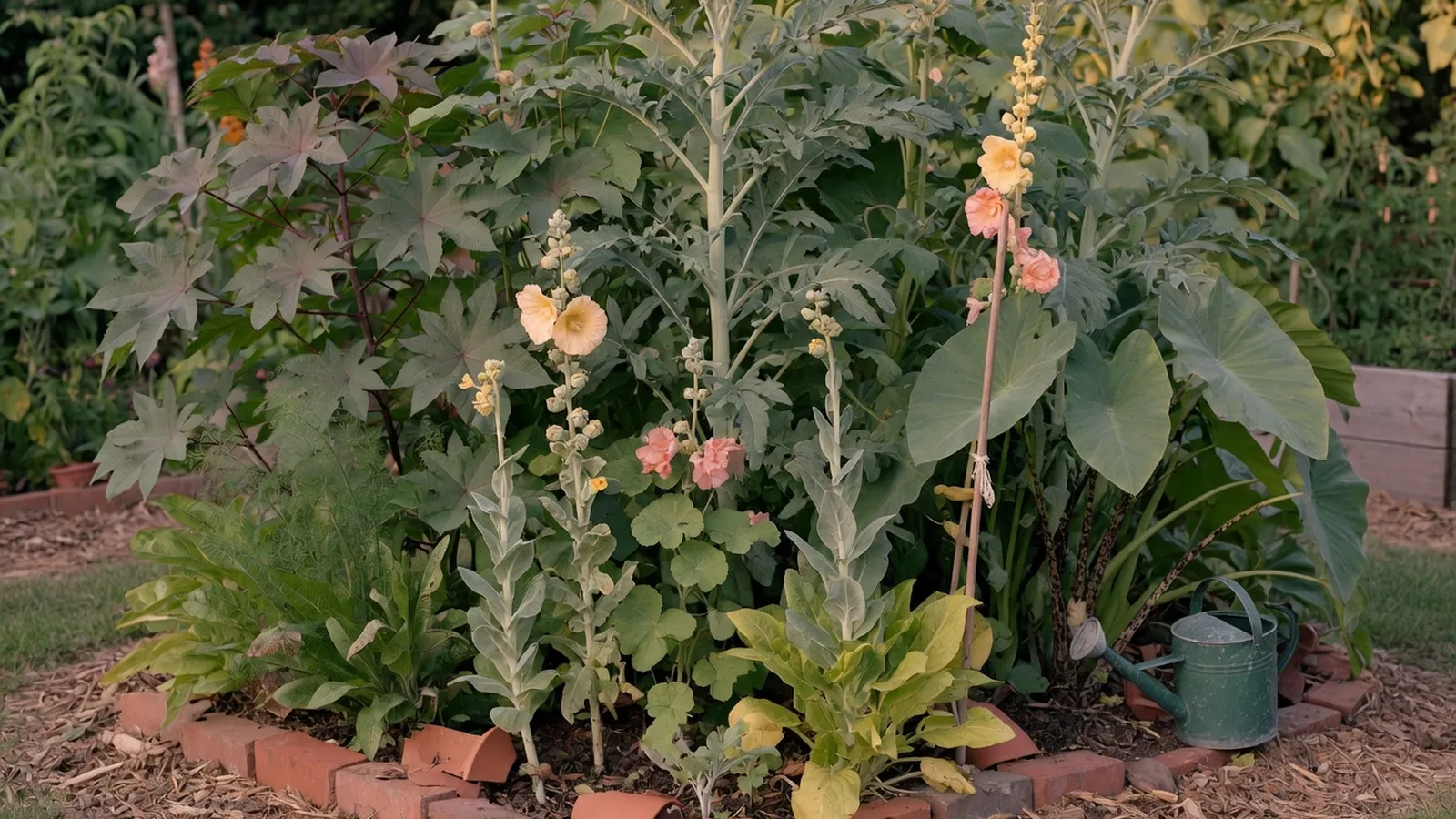 A lush garden scene featuring tall vascular plants with strong stems and vibrant foliage.