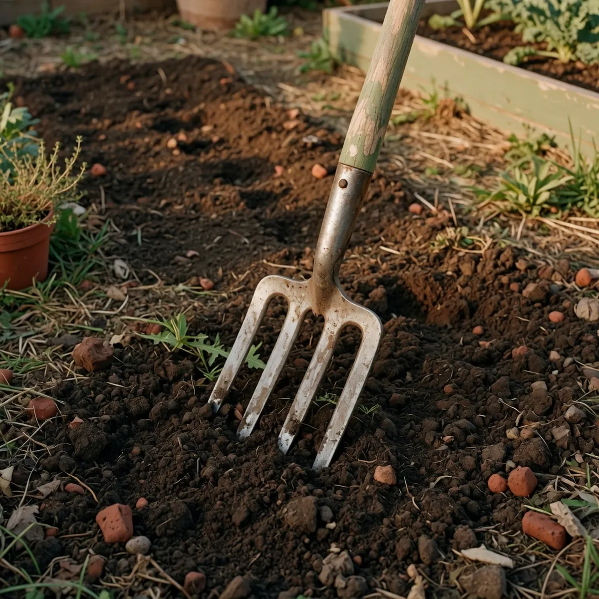 A metal garden fork piercing into rich, dark soil in a sunny backyard plot.