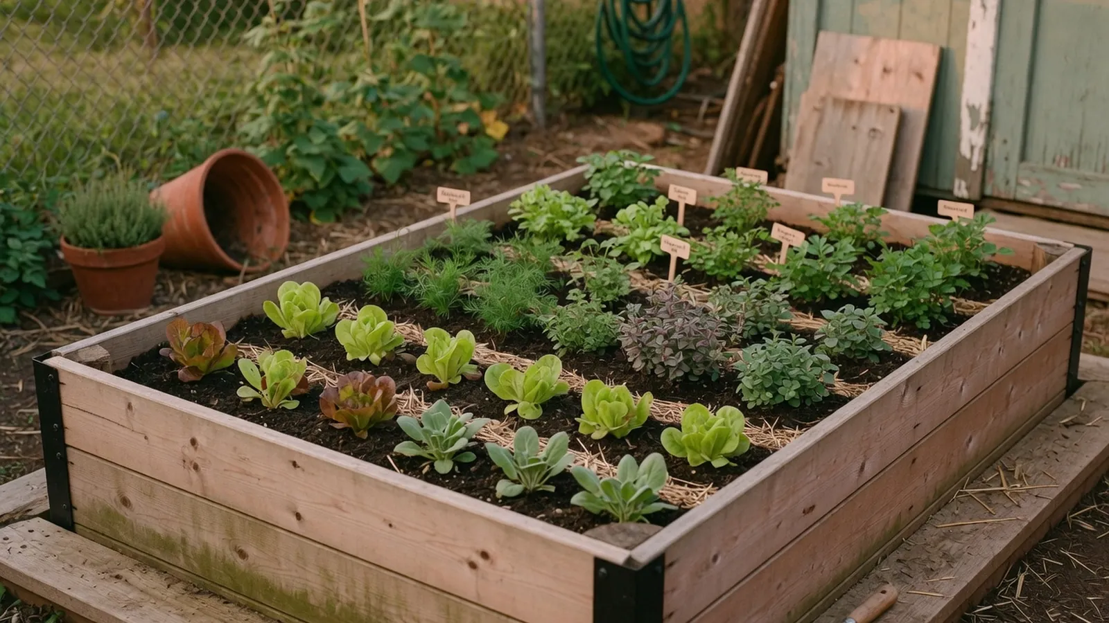 A vibrant raised garden bed filled with rows of young leafy greens and herbs under bright morning sunlight.