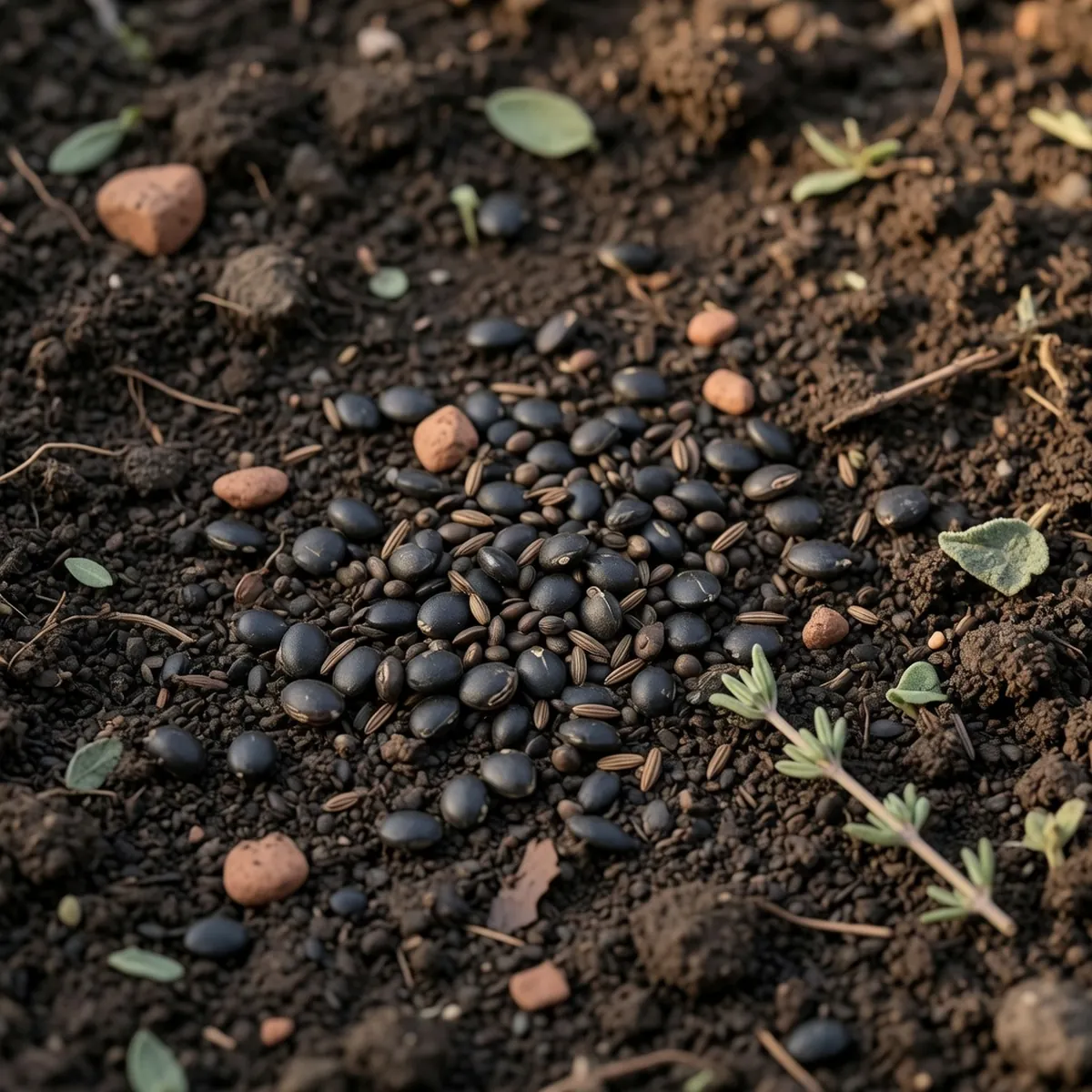 A close-up of small vegetable seeds resting on dark, moist garden soil ready for planting.