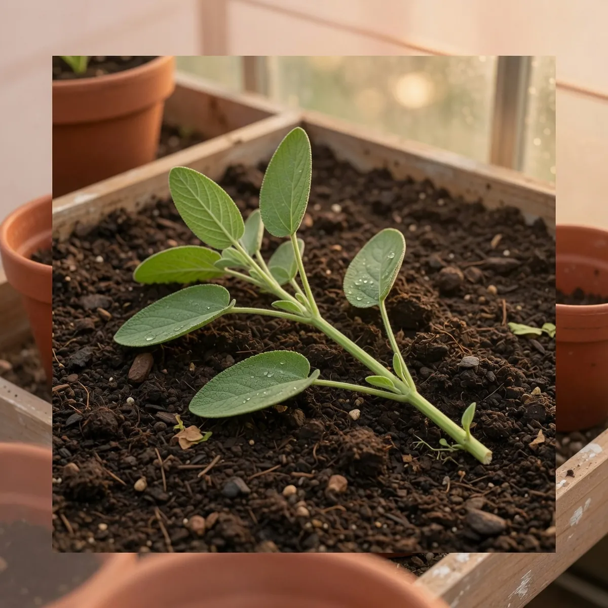 A fresh stem cutting placed on dark potting soil ready for propagation.