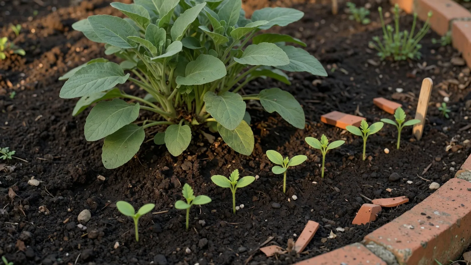 A cluster of young seedlings emerging from rich garden soil alongside a mature parent plant.
