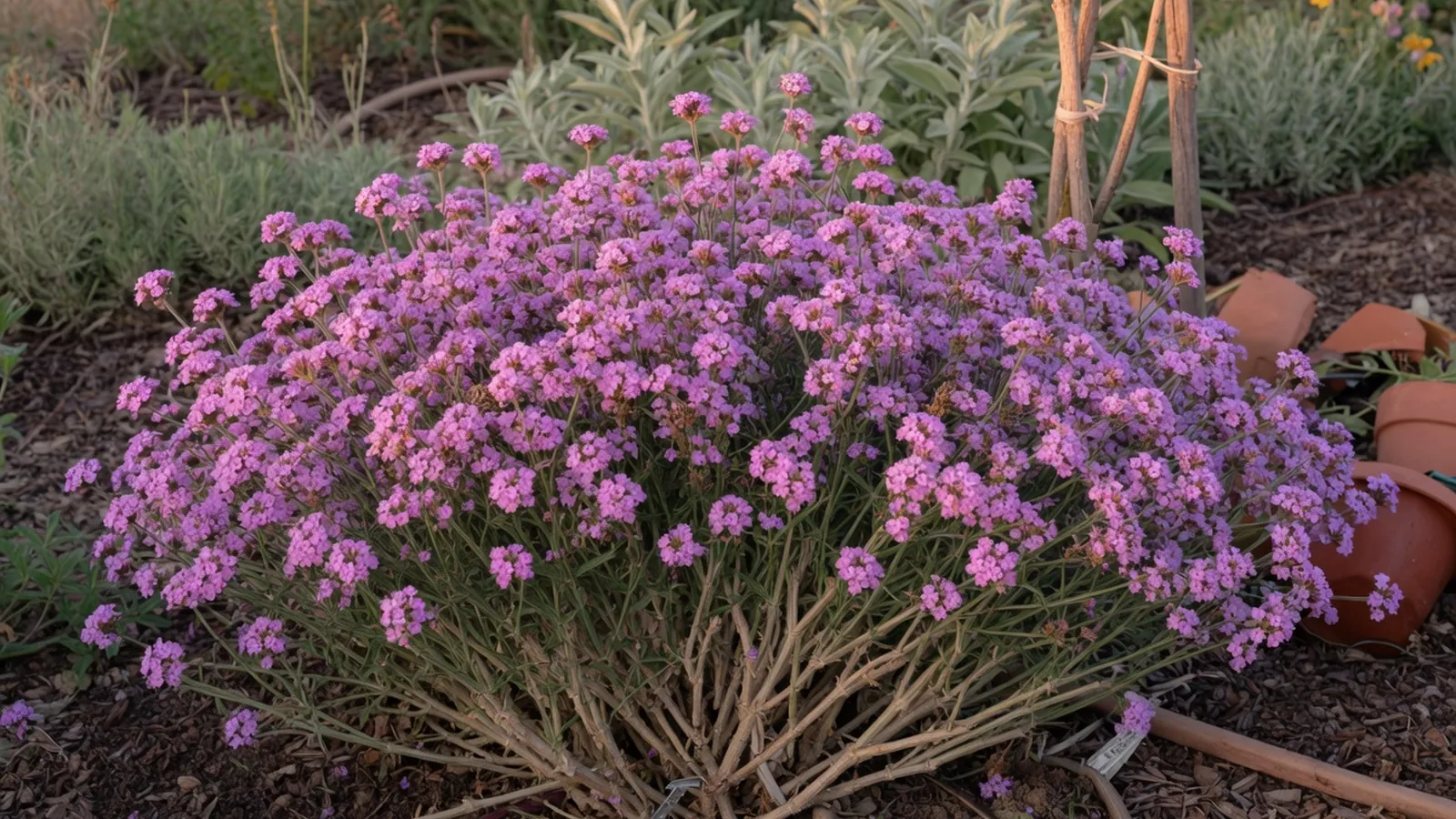 Dense clusters of purple and pink verbena flowers blooming in a garden.
