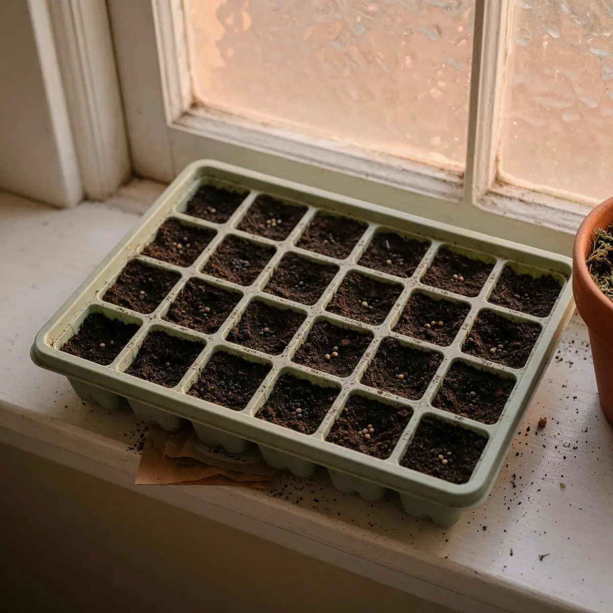 A shallow plastic seed tray filled with dark potting mix, showing small seeds sown in individual cells and lightly covered with soil.