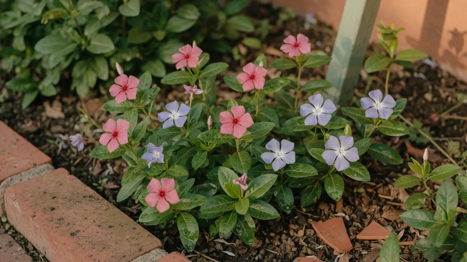 A cluster of delicate vinca flowers in shades of pink and blue blooming among glossy green leaves in a garden bed.
